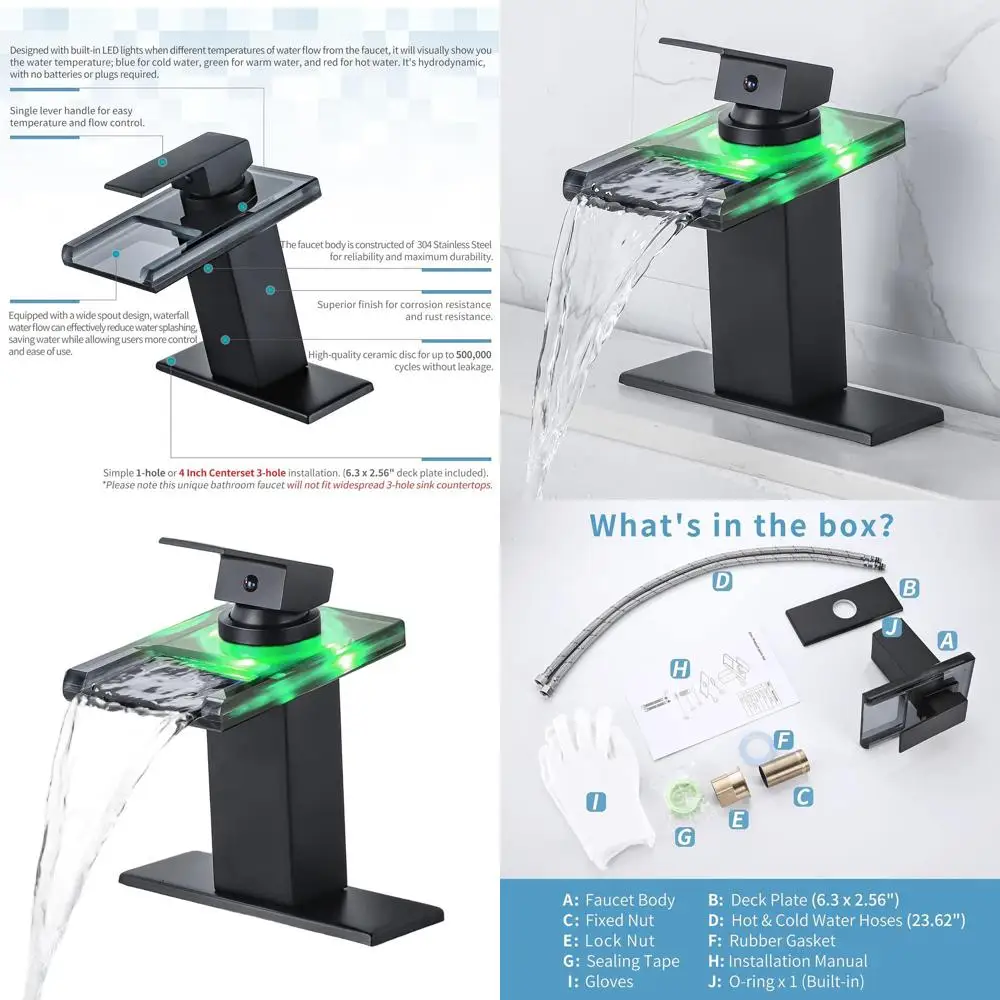 

Матовый черный светодиодный смеситель для раковины в ванной комнате со стеклянным изливом, 4-дневная установка, термочувствительная лампа, палубная пластина в комплекте
