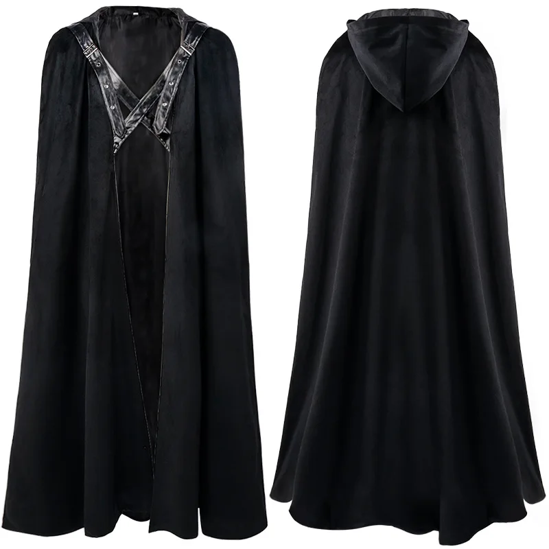 ยุคกลาง Hood Cape ผู้ใหญ่ผู้ชายคอสเพลย์สีดำเสื้อคลุมยาว