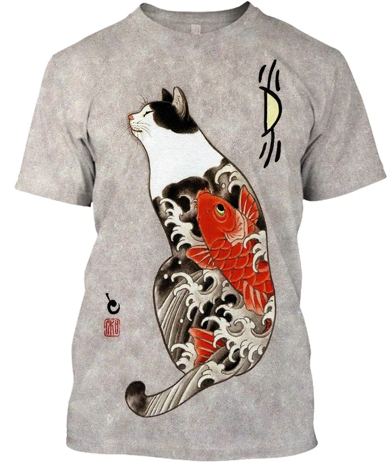 Japan Samurai Cat Print Men's T Shirts Street Trend Women Casual Tees Summer Fashion O-neck Short Sleeve Tops Oversized Clothing