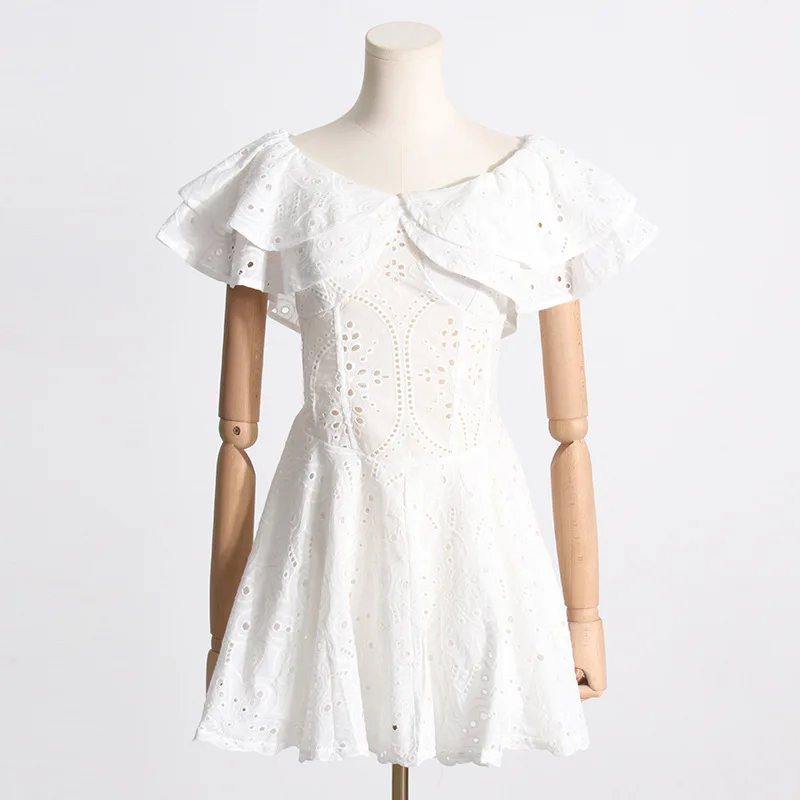 

2025 Elegant Cotton Embroidery Short Dress For Women Slash Neck Ruffles Short Sleeve Hollow Out Summer Midi Beach Dresses Female