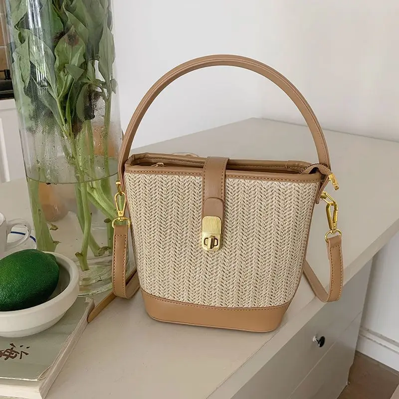 Trsyphxm 2024 novo coreano casual tecido grama saco para as mulheres 2024 novo estilo de férias moda bolsa crossbody saco balde