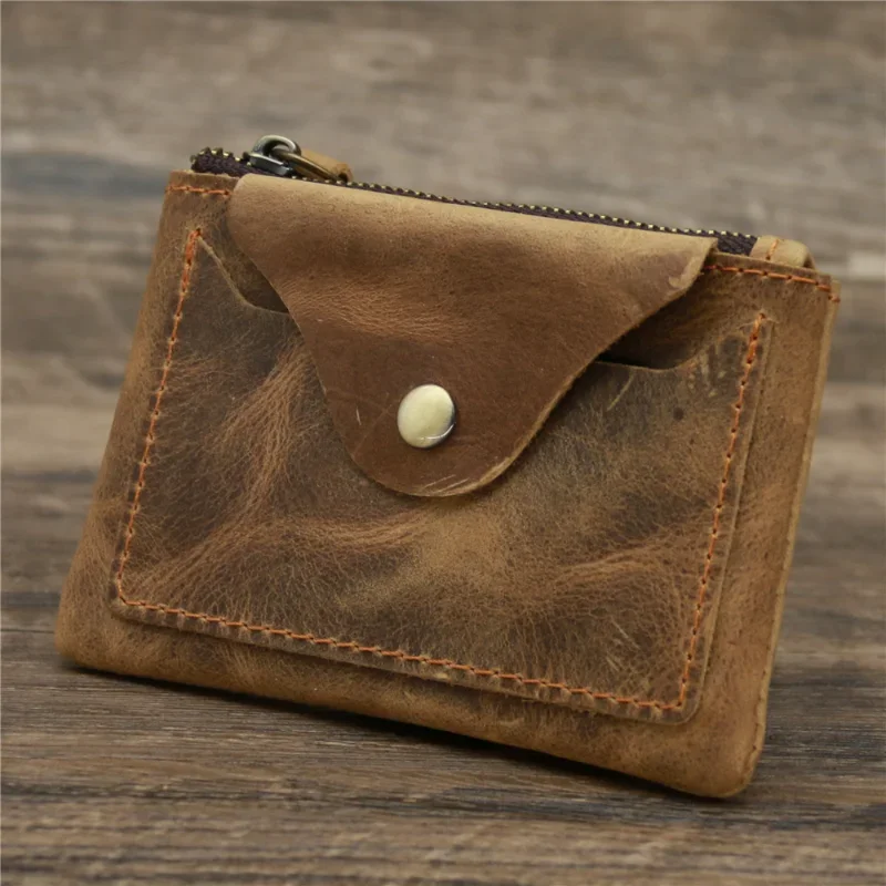 

Boys and Girls Leather Coin Purse Cowhide Crazy Horse Brown Brown Zipper Coin Bag Retro Wallet for Men Purses