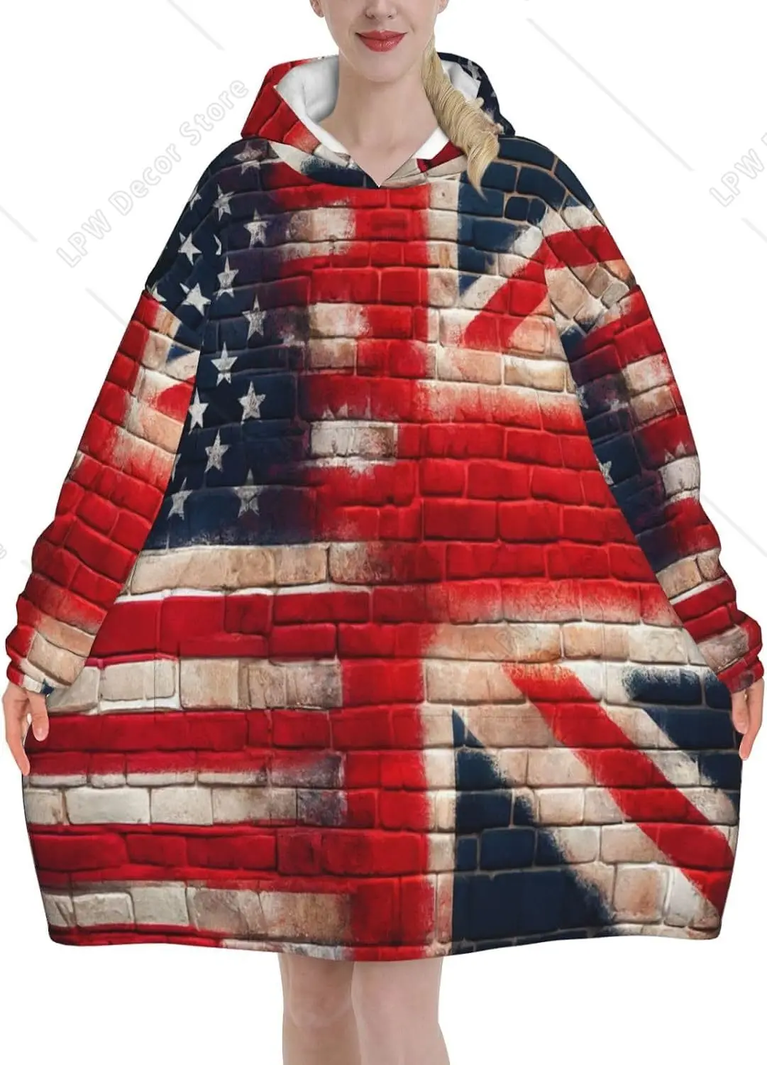 Oversized Adult Long Sleeve Flannel Hoodie Blanket American British Flag Wall Soft Fuzzy Hooded Sweatshirt Lounging Pullover