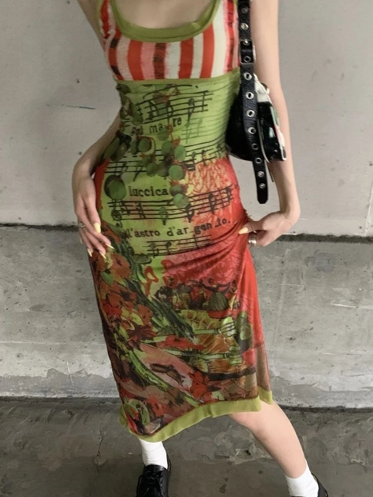 2024 Harajuku Irregular Y2k Aesthetic Vestidos Grunge Fairy Printing Women Sleeveless Dresses Vintage Streetwear Backless Dress