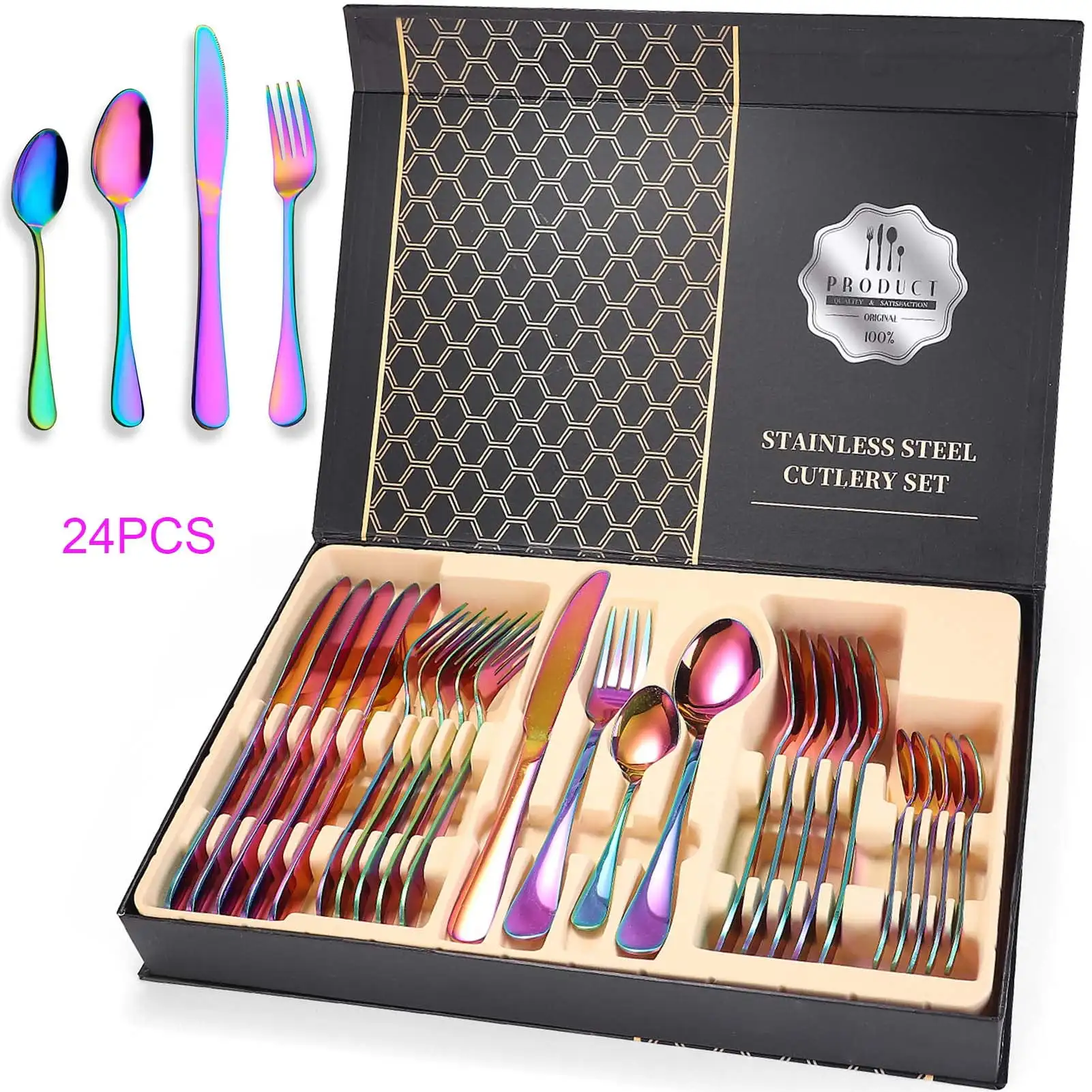 

Colorful Silverware Set, 24-Piece Stainless Steel Rainbow Flatware Set, Iridescent Cutlery Utensils Set Service for 6, Mirror P