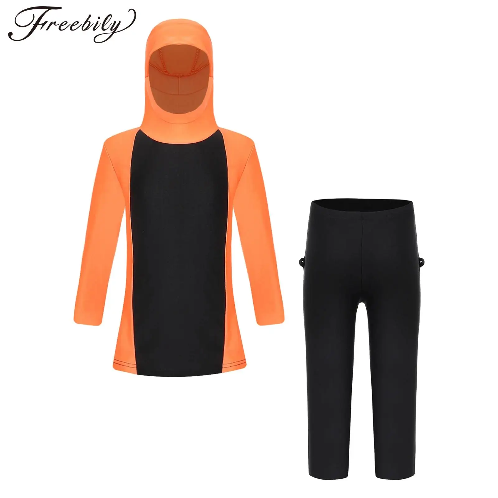 

Kids Girls Modest Muslim Swimsuit Long Sleeve Swim Top and Pants Hooded Full Cover Conservative Burkini Swimwear Bathing Suit