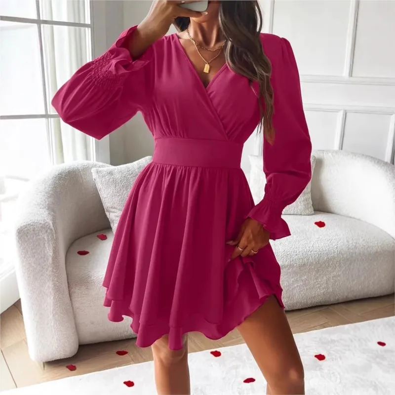 Dresses 2025 Woman Clothing V Neck Lantern Sleeve Wrap Mini Dress Ruched High Waist Elegant For Autumn Party Dress Vestidos