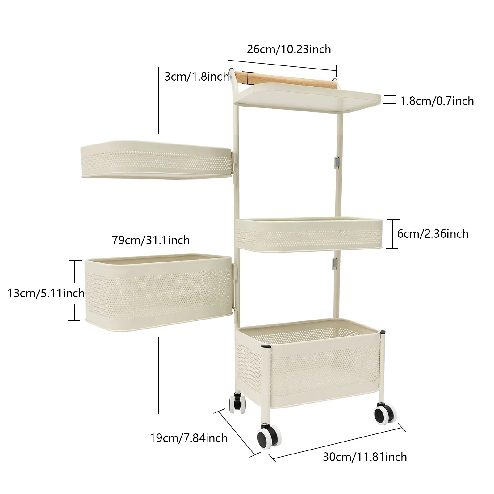 5-Tier Rolling Storage Rack with 180° Swivel Mesh Baskets, White Kitchen Utility Cart with Wheels & Brakes, Space-Saving Organizer for Home Office, Carbon Steel view 7