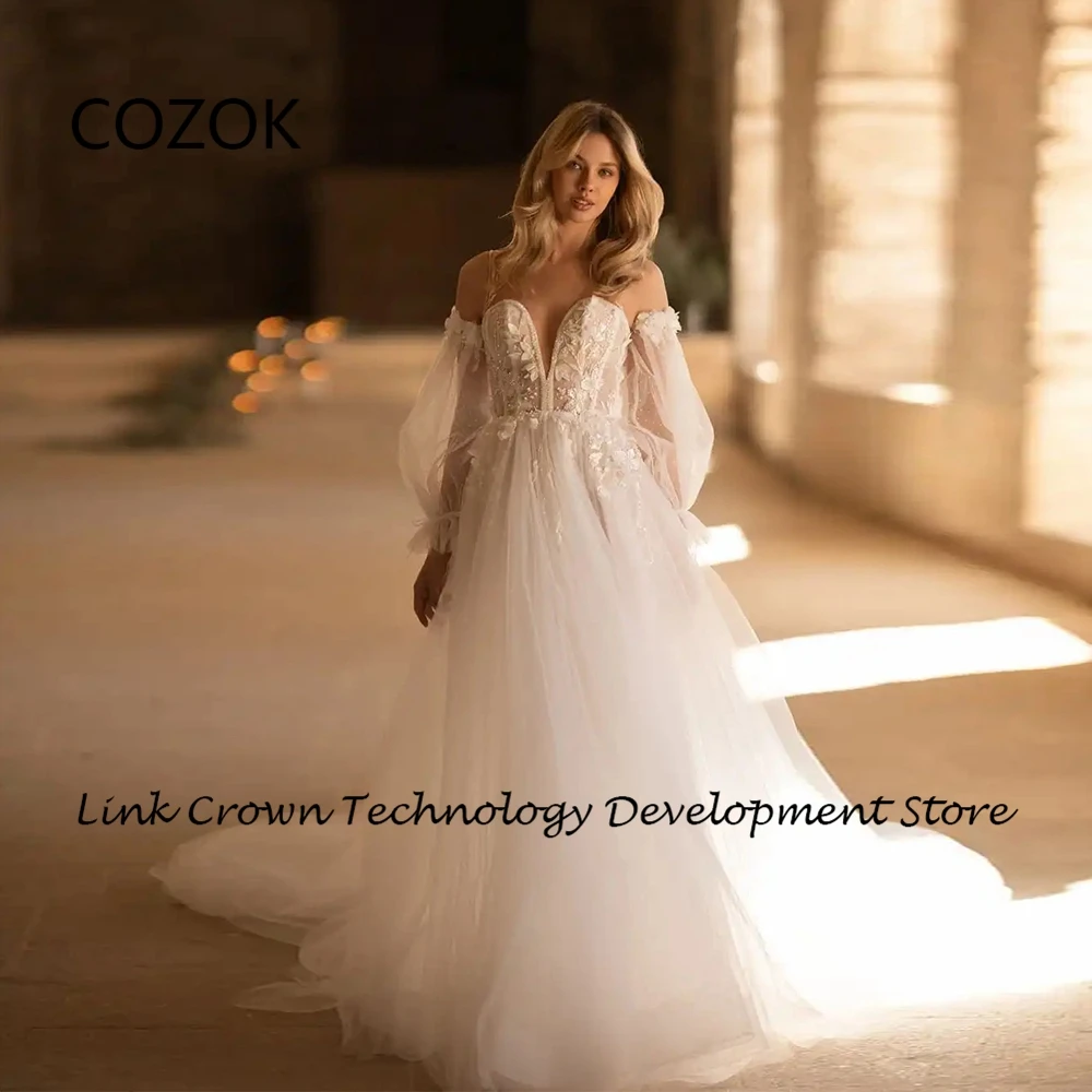 COZOK Champagne V Neck Bridal Gowns with Lace Full Sleeeve Off Shoulder Wedding Dresses 2024 Summer New Soft Tulle Robe De 2025