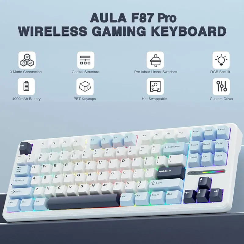 AULA F87Pro Mechanical Keyboard 2.4G/Wired/BT Tri Mode Hot-Swap 5 Layer Silencing Filling Custom RGB Gaming keyboards New Colors