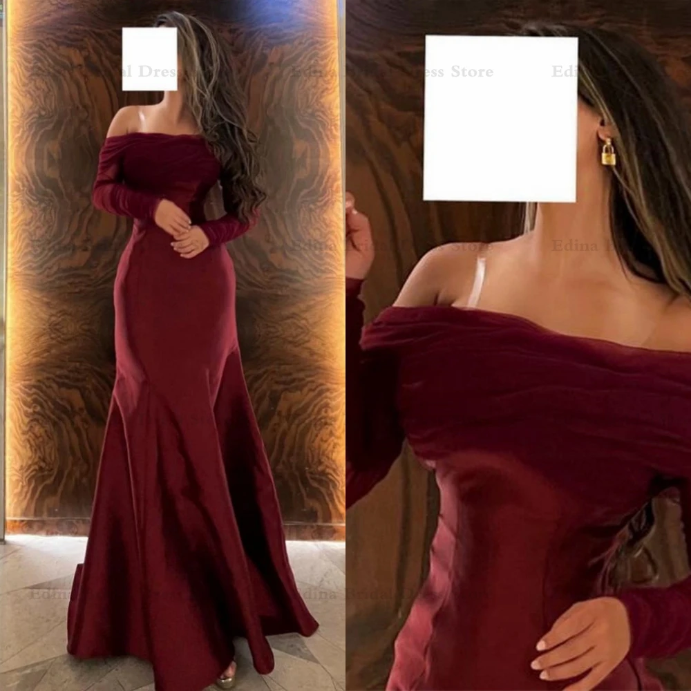 Vestidos de noite femininos de mangas completas, até o chão, vinho vermelho, trompete de cetim, vestido Fromal para adolescentes, casamento