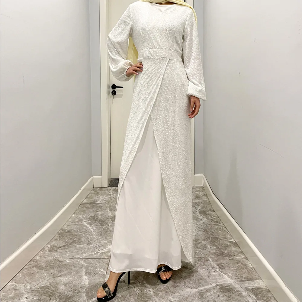 2023 New Sequin Waist Evening Robe Elegant Long-Sleeved Strapped Cuff A-line Dress For Women Autumn Solid Slim Banquet Clothing