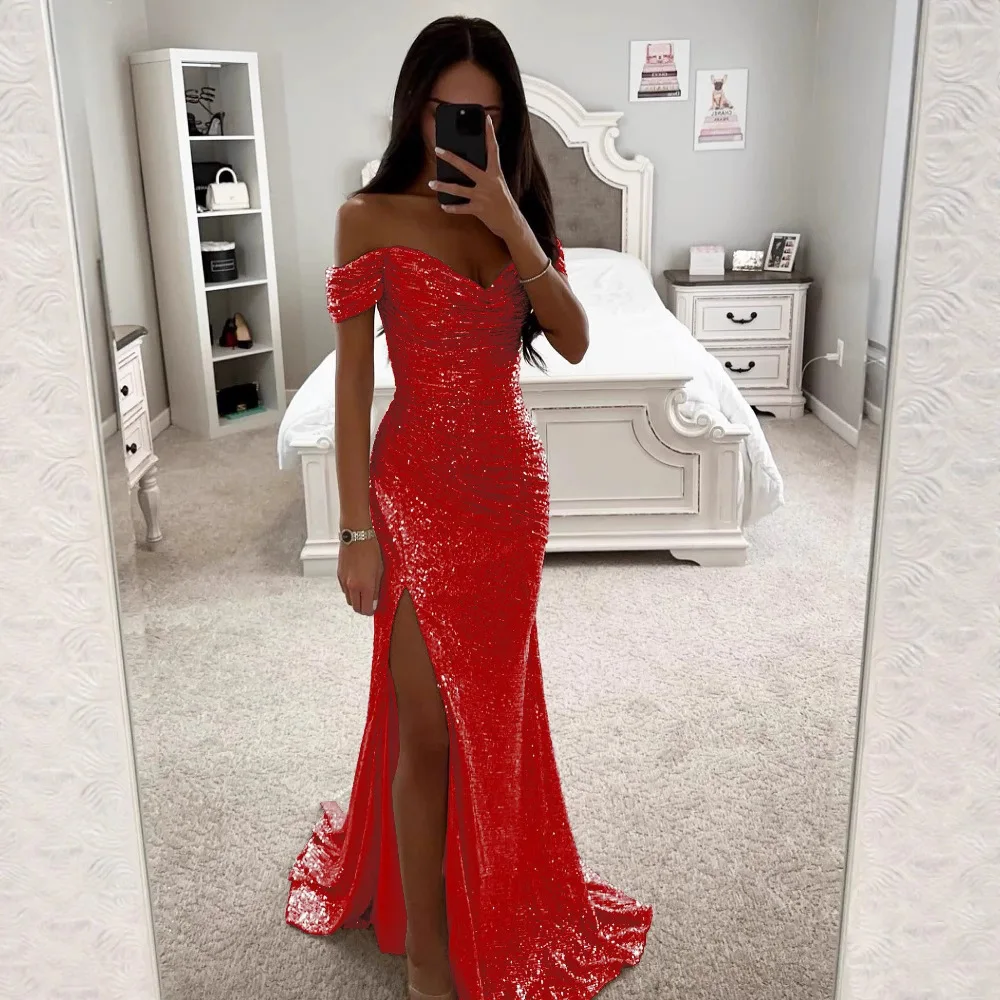 캐주얼 글리터 원숄더 스플릿 드레스 여성 패션 폴리에스터 소재 출퇴근 슬림 불규칙 스커트