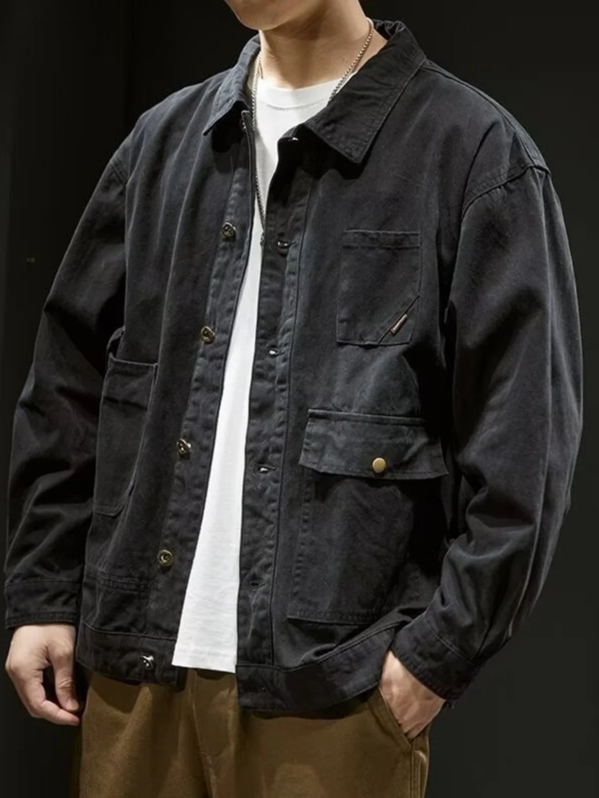 Retro Korean Style Men's Denim Jacket Casual Spring Autumn Fashionable Long Sleeve Workwear Coat with Pockets for Middle Youth