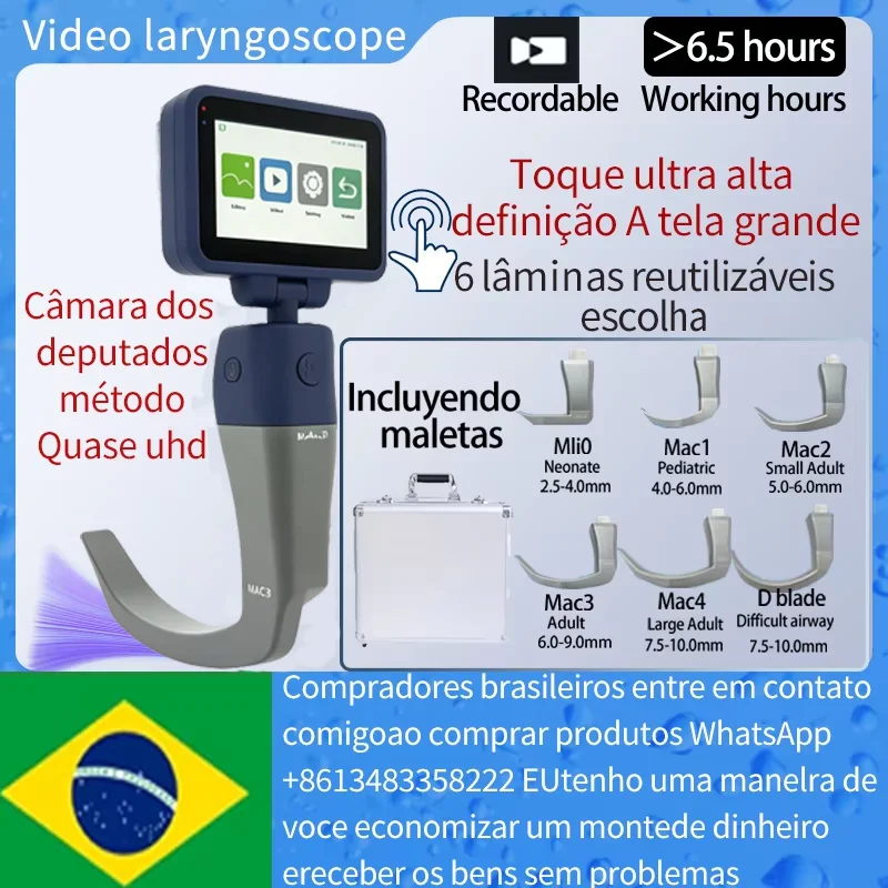 3,5 polegadas tela sensível ao toque de vídeo laringoscópio reutilizável lâminas esterilizáveis cor digital vídeo laringoscópio 6 lâminas opcional
