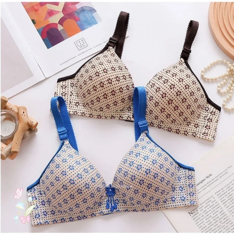 Ladies Mum Printed Bra Thin Section Mom Underwear Women Comfortable Bras Without Steel Ring Back Three Rows of Buckle Brassiere