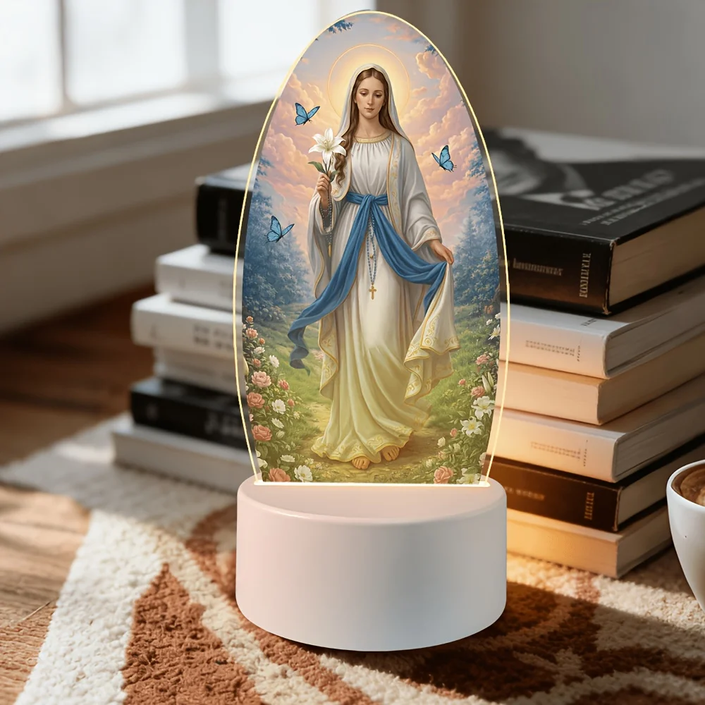 Acrylic Night Light: Our Lady of the Rosary Holding a Lily – Suitable for Easter and Christmas Gifts; Ideal for Bedrooms