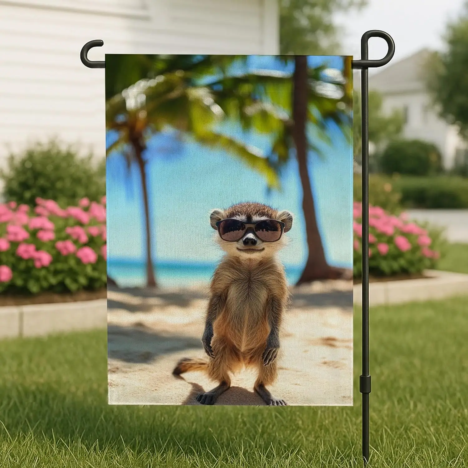 Cute Animal Garden Flag, Brown Meerkat with Sunglasses Outdoor Decor, Summer Beach Theme Burlap Banner, Double Sided Yard Fl UUX