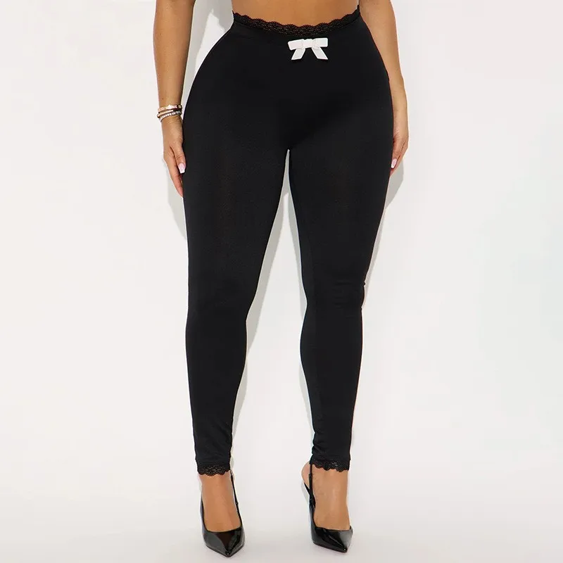 Spodnie codzienne Koronkowe spodnie Spodnie z nadrukiem Odzież damska Odzież domowa Obcisłe legginsy Nadruk zwierzęcy Kokarda Modny styl uliczny