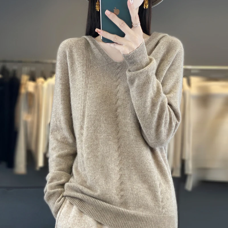 

Легкая толстовка из 100% шерсти с капюшоном — V-образный вырез и 6 однотонных цветов, легкое переходное от стола для открытия