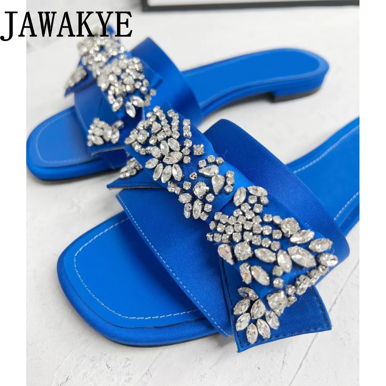 2022 Summer Silk Women\'s Flat Slippers Crystal Peep Toe Ladies Party Mules Out Walking Shoes For Woman Dress Flats Slides mujer