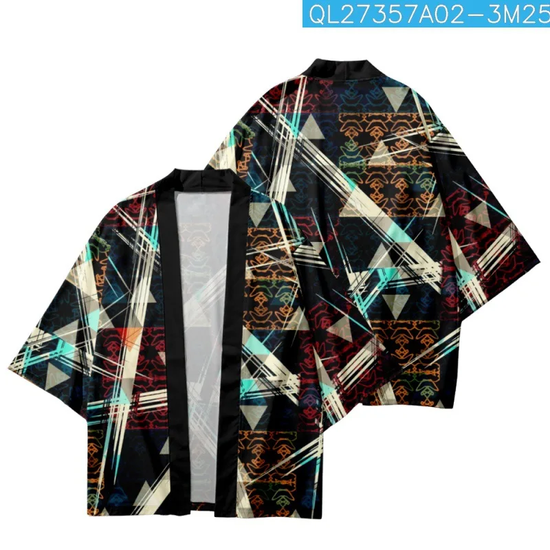 

Striped Geometric Patterns Printed Summer Japanese Loose Harajuku Kimono Cardigan Cropped Pants Women Men Cosplay Yukata