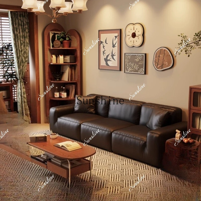 First layer cowhide living room household small apartment straight row antique black sofa FT