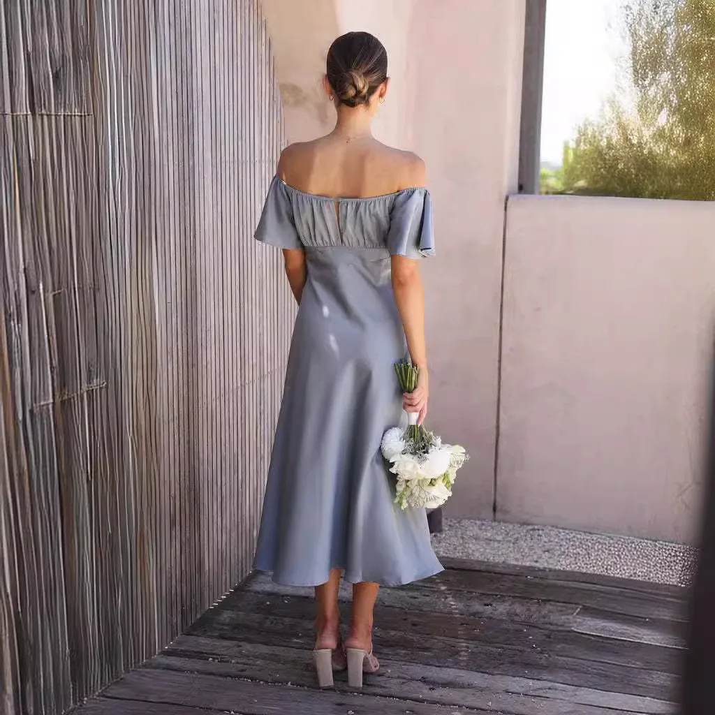 FIGOHR – robe longue en Satin pour femmes, élégante, épaules dénudées, Style français, manches beurre, fente latérale, 3 couleurs, été