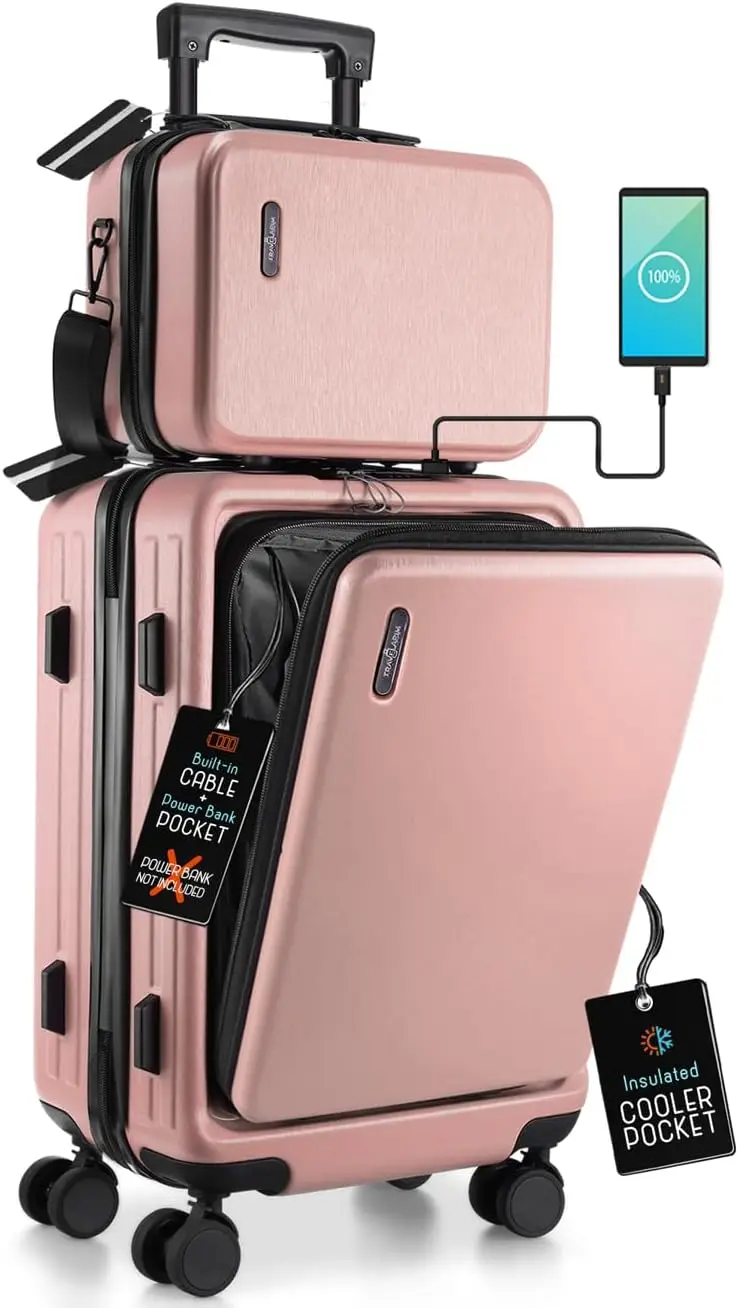 

20 Inch Airline Approved Carry-On Suitcase with Wheels, Hard Shell, Cosmetic Case - Pink