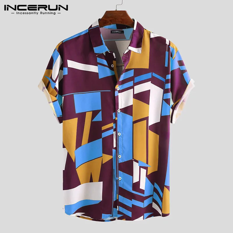 Men Hawaiian Shirt Geometric Printed Lapel Short Sleeve Streetwear Summer Casual Shirts 2024 Vacation Men Clothing S-5XL INCERUN