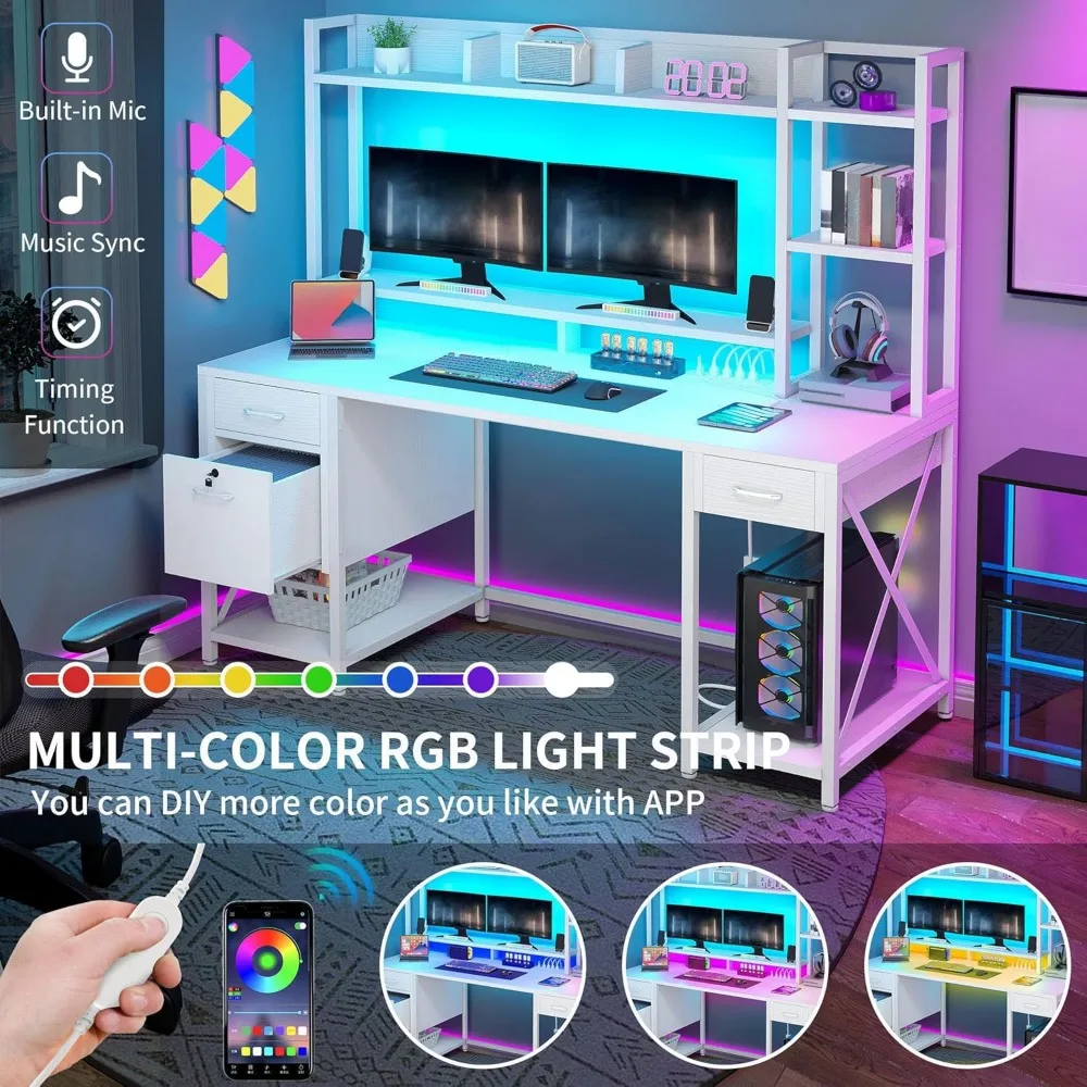 Desk with Drawers, Hutch, Power Outlets, and LED Lights for Home Office with Storage Shelves