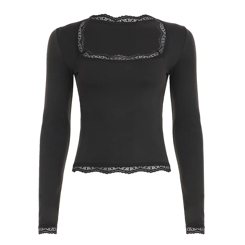 Damska bluzka z długim rękawem, na jedno ramię, z koronkowymi wstawkami, w stylu seksownej i pikantnej dziewczyny z 2025 roku, dopasowana dzianinowa bluzka w kropki.