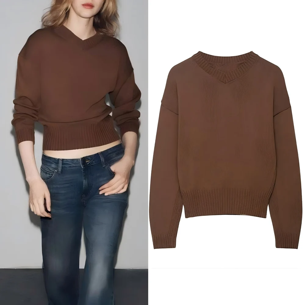 

Women's autumn fashion casual versatile soft texture V-neck knitted sweater retro long sleeved women's pullover chic top