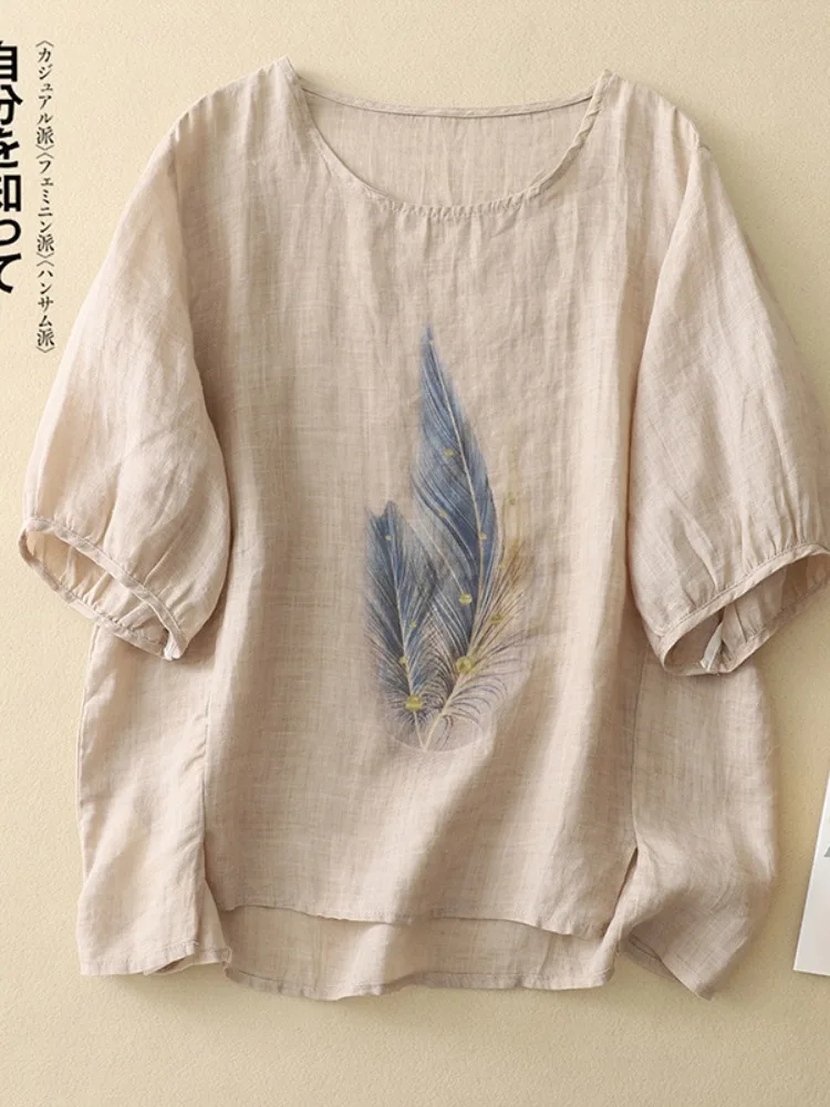 

Artistic Print Cotton Linen ort Sve T-irt Women Summer Thin Loose Casual round Ne Overhead irt Linen Material Slim...