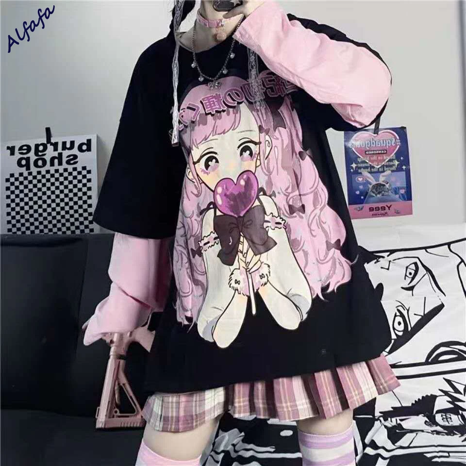 Emo Anime Long Sleeve T-shirt Women Spring Autumn Hip Hop Japanese Loose Top Kawaii Hoodie Sweatshirts E-girl Clothes Aesthetic