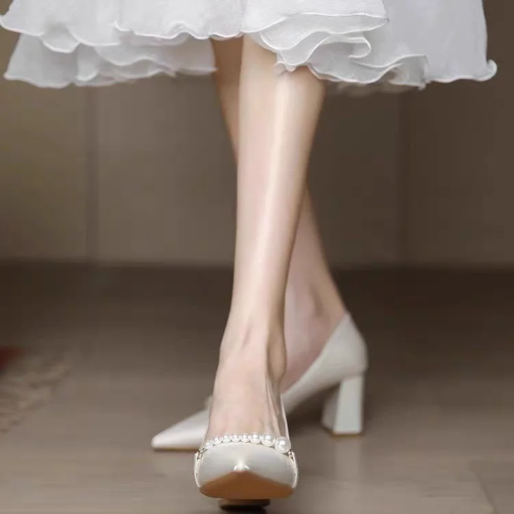 

2025 Hot Selling New Temperament White Bridesmaid Shoes Coarse Heels Daily Wedding Shoes Satin Cheongsam Shoes Bridal High Heels