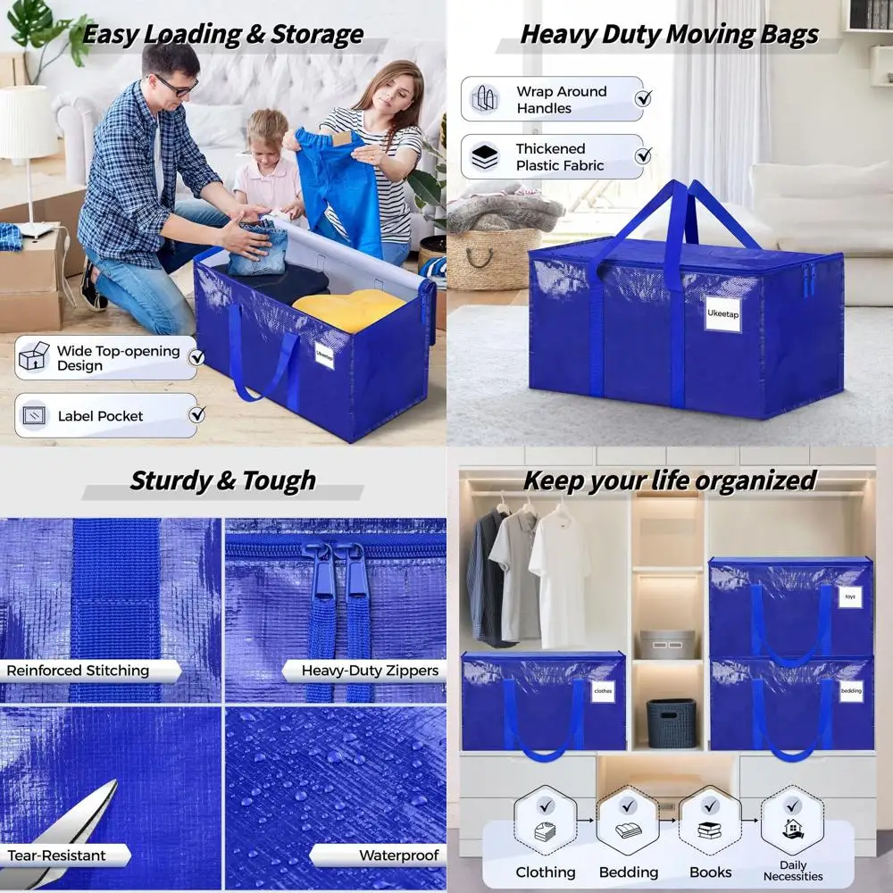 

Extra Large Heavy-Duty Blue Moving Bags with Lids, Reinforced Handles and Zippers for Storage and Packing Clothes, Ideal for Dor