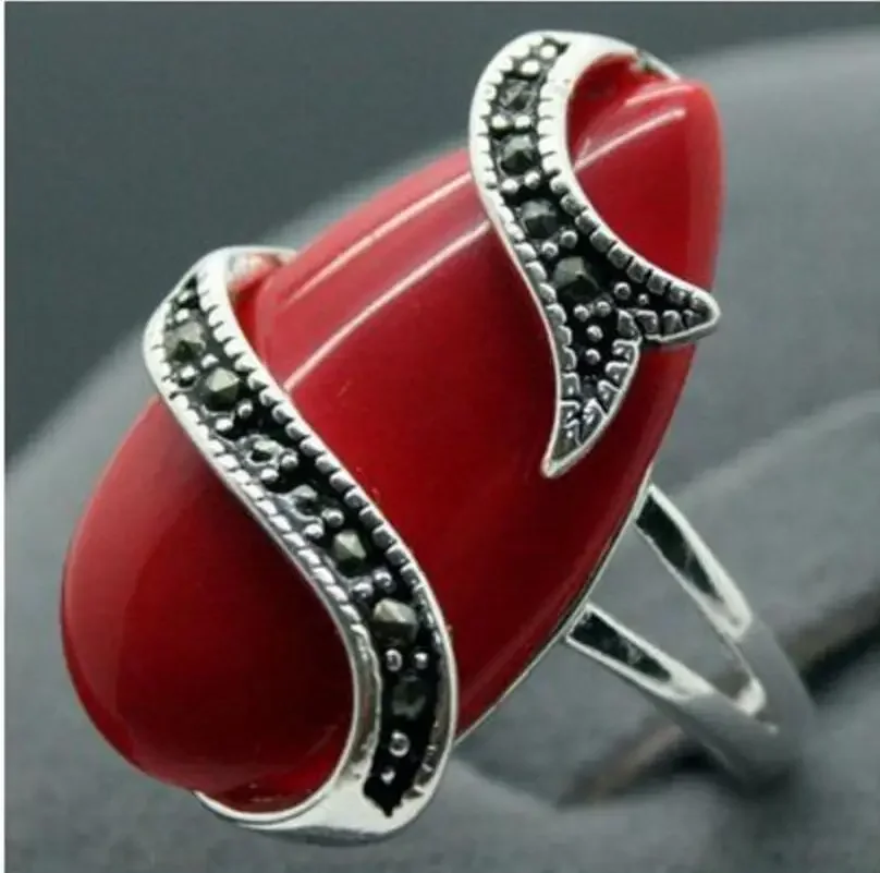 FINE jewelry   wholesale Unique 10X20mm Red Carved Lacquer Marcasite 925 Sterling Silver Lady Ring 7-10