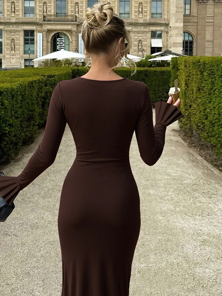 JULISSA MO élégant col rond à lacets femmes robe Maxi marron à manches longues robe drapée automne maigre robe de soirée robes