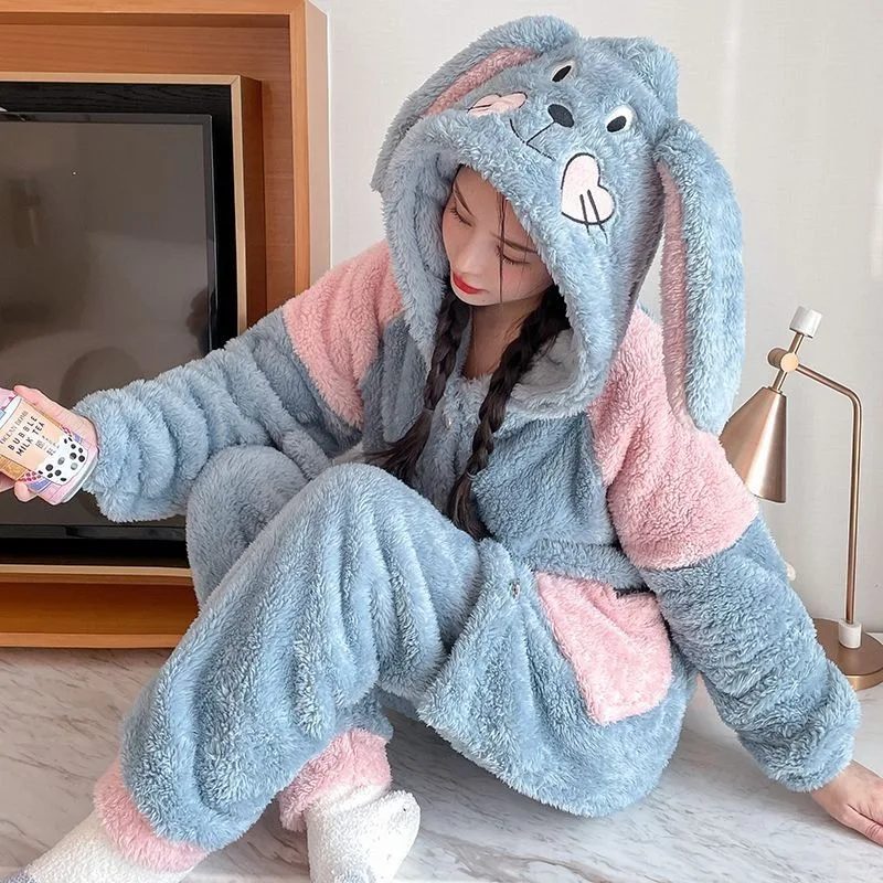 Comfort Casual Coral Velvet Pajamas Women Autumn Winter Thicken Plus Suit 2024 New Cute Cartton Girls Flannel Home Clothes Set