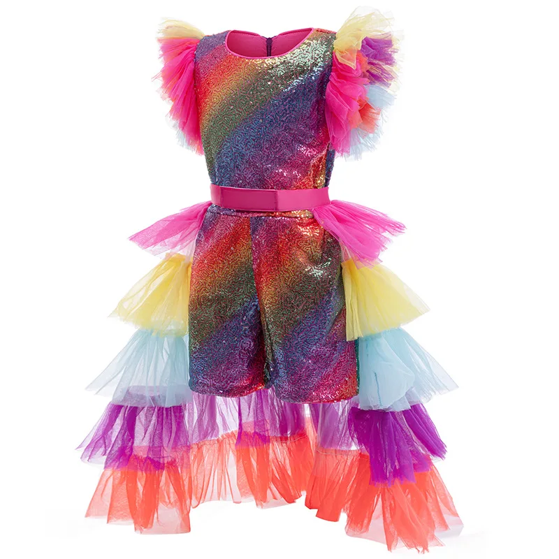 Carnival Party Cosplay Costume Girls Rainbow Color Blocked Glitter Cake Fluffy Party Jumpsuit Dress