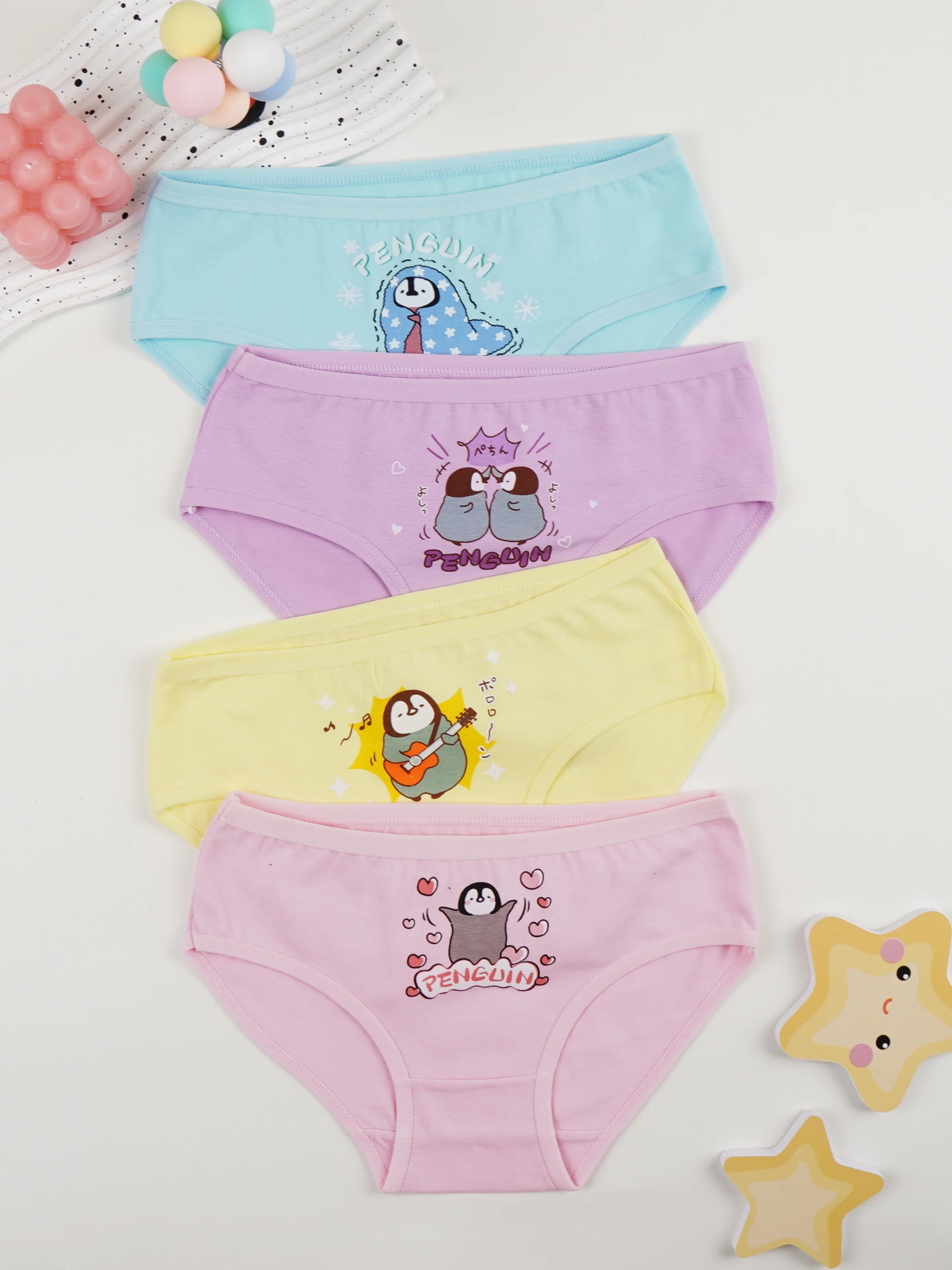 

4-Pack Cute Penguin Print Cotton Panties Set for Girls, Breathable and Soft Kids Underwear