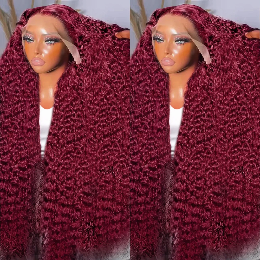 36Inch 99J Red Burgundy Colored Deep Wave Transparent Lace Front Human Hair Curly 13x6 HD Lace Frontal Wig For Women 250 Density