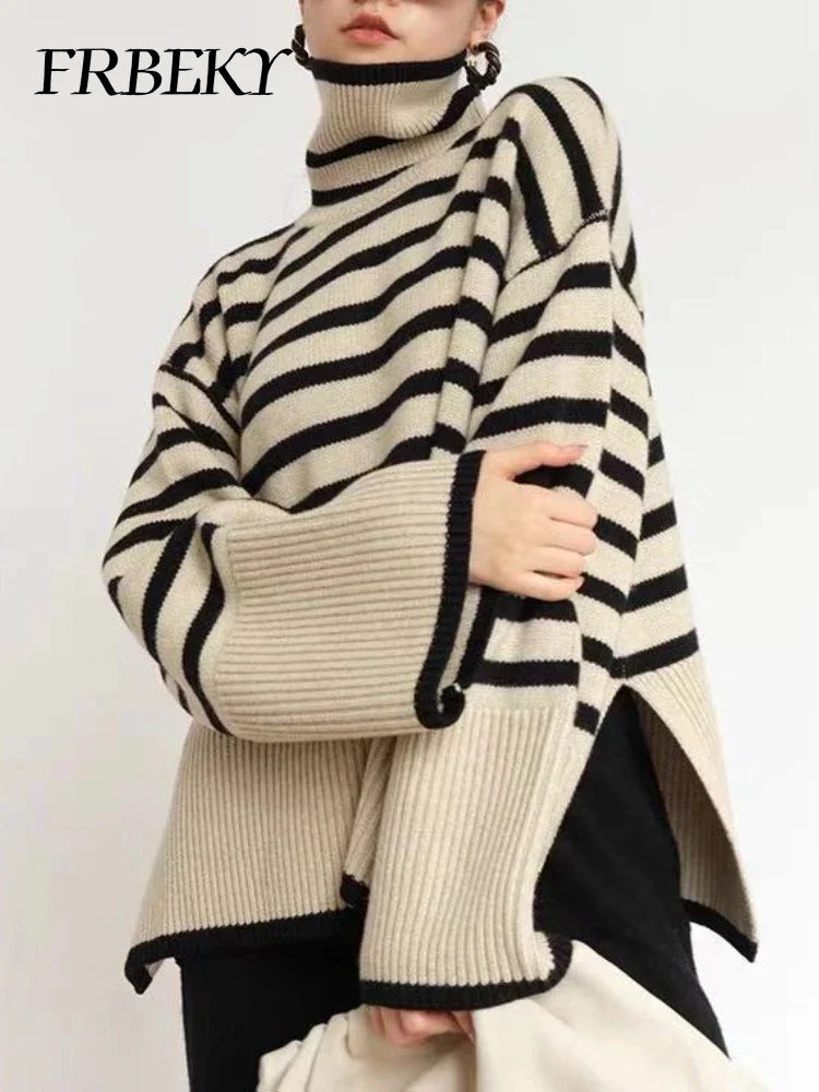 Outerwears Autumn Striped Turtleneck Sweater Loose Design Knit Sweater Pullover Women's Clothing Sales Female Clothing Jumper