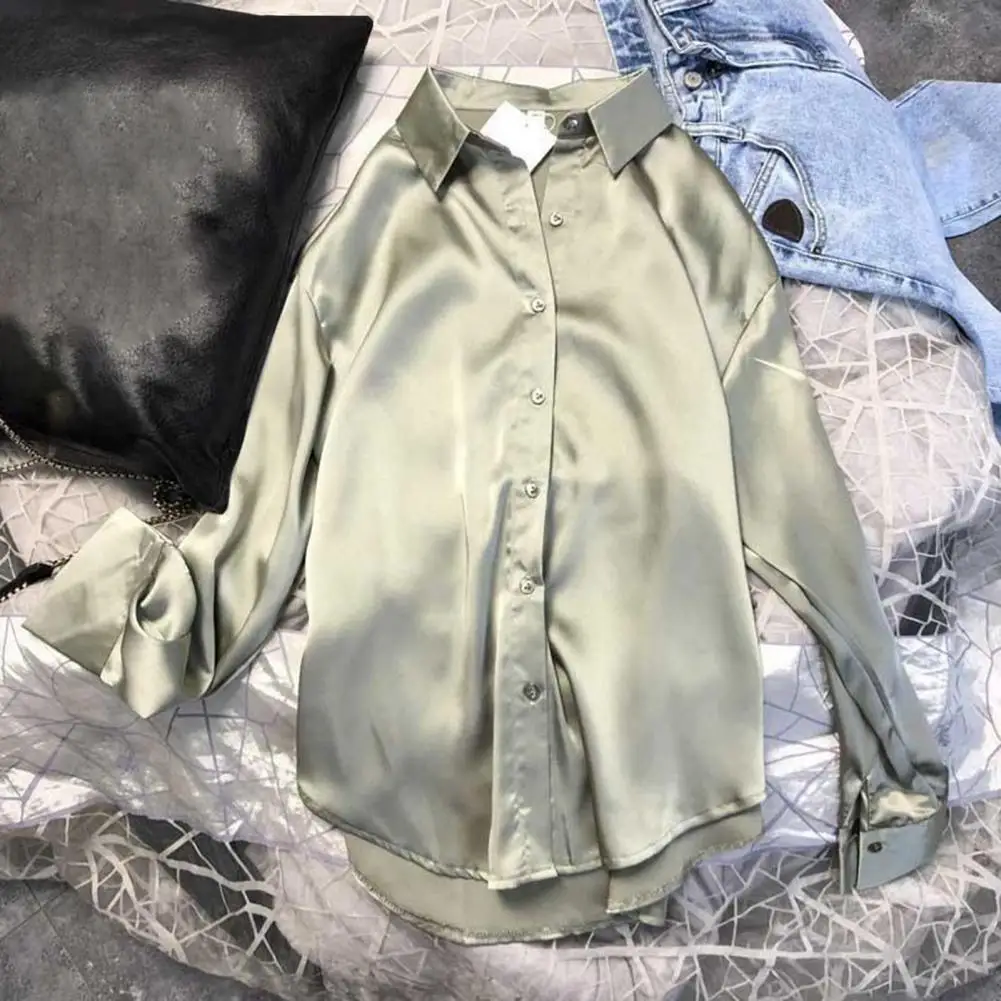 

Regular Fit Women Shirt Lapel Long Sleeve Women's Shirt Smooth Material Solid Color Buttons Down Mid-length Commuting Tops Solid