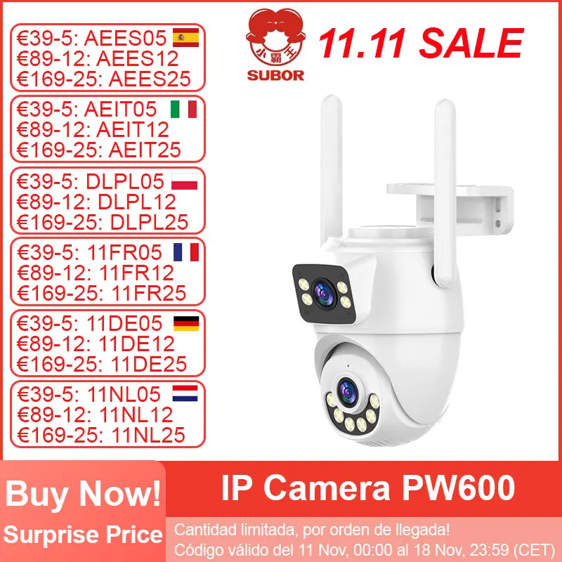 SUBOR IP Camera PW600, AI Human Detection, Two-Way Pan&Tilt, Sound and Light Alarm, Panorama & Tracking Camera, APP Control