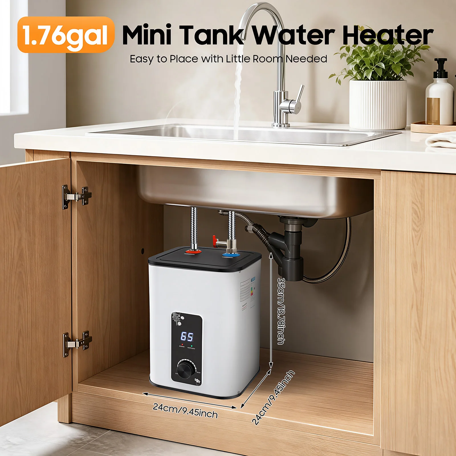 1500-W-Elektro-Mini-Warmwasserbereiter, sofort einsatzbereites Warmwassersystem mit 1,76-Gallonen-Tank für Küchen, Schränke, Wohnmobile, Bars