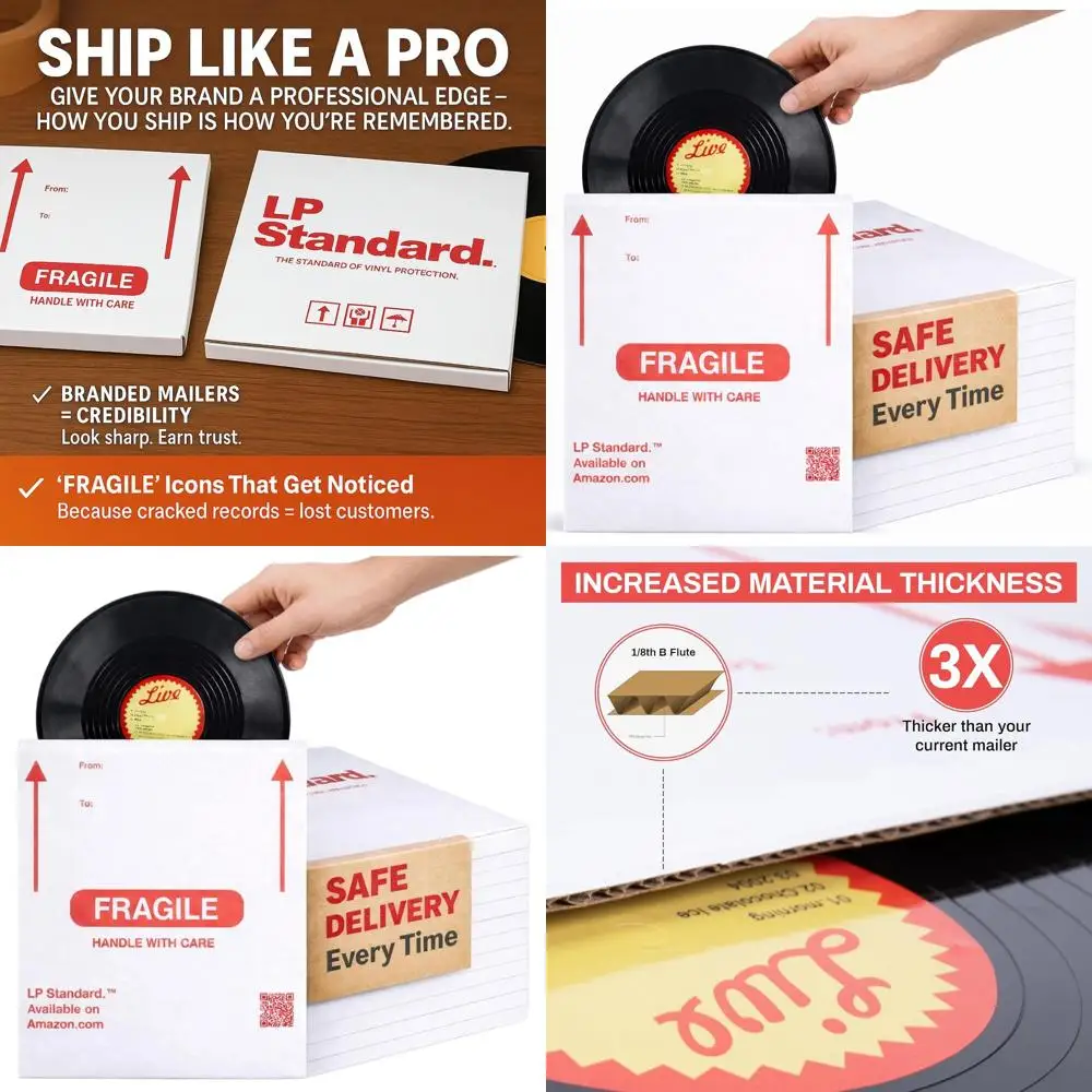 

Thick Vinyl Record Mailers, 3x Cardboard Strength, Warning Label, Fits 1-3 Records, 13x13x0.75