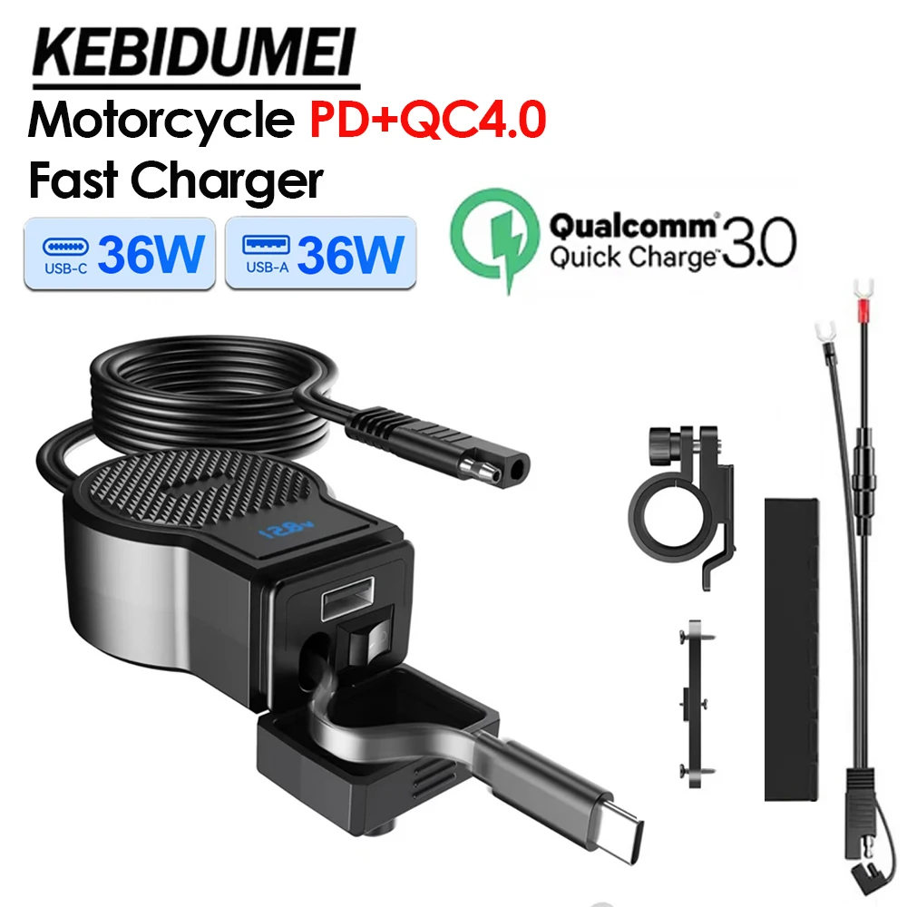 

Dual Port Type C+QC3.0 Motorcycle Fast Charger Power Adapter Socket 12V Waterproof with Retractable Cable & Switch & Voltmeter