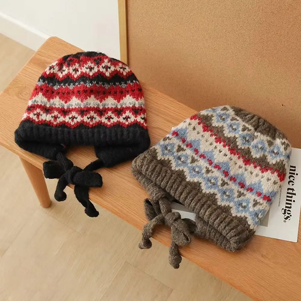 Fashion With Strap Jacquard Knitting Hat Wind-Resistant Ear Protection Pullover Bonnets Lace up Warm Winter Hat